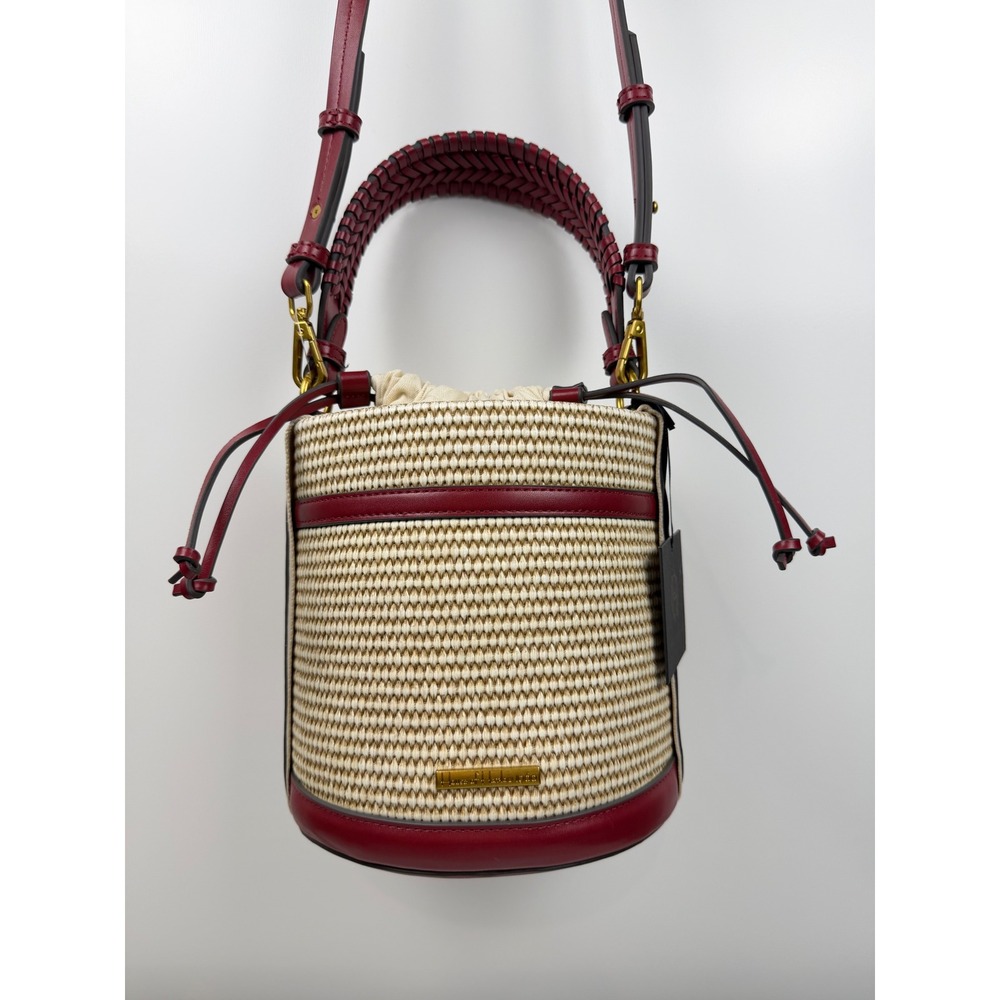 House of Harlow 1960 Straw Bucket Bag Burgundy Leather Trim Woven Crossbody NEW